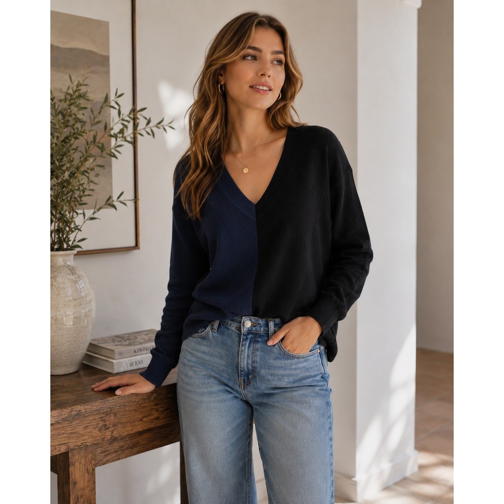 Bailey 44 Sweater Womens XS Black Blue Colorblock Silk Blend Minimalist